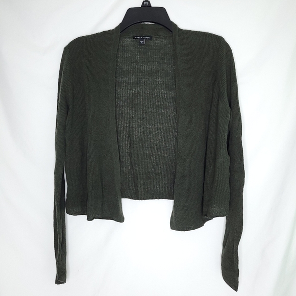 EILEEN FISHER Women's Ribbed Green Linen Blend Open Cardigan SMALL - Picture 1 of 10